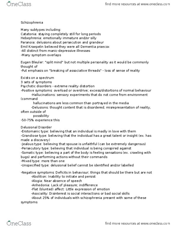 PSYC 2280 Lecture Notes - Lecture 9: Eugen Bleuler, Dementia Praecox, Emil Kraepelin thumbnail