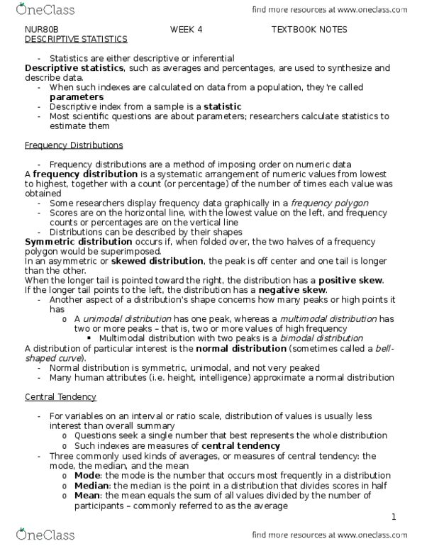 NUR 80A/B Chapter Notes - Chapter 1-5: Weighted Arithmetic Mean, Multimodal Distribution, Frequency Distribution thumbnail