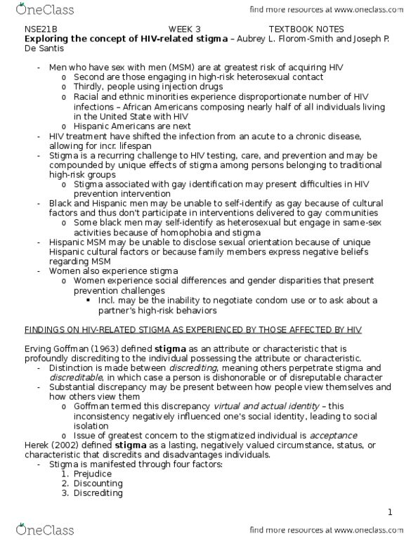 NSE 21A/B Chapter Notes - Chapter 3: Serostatus, Social Rejection, Erving Goffman thumbnail