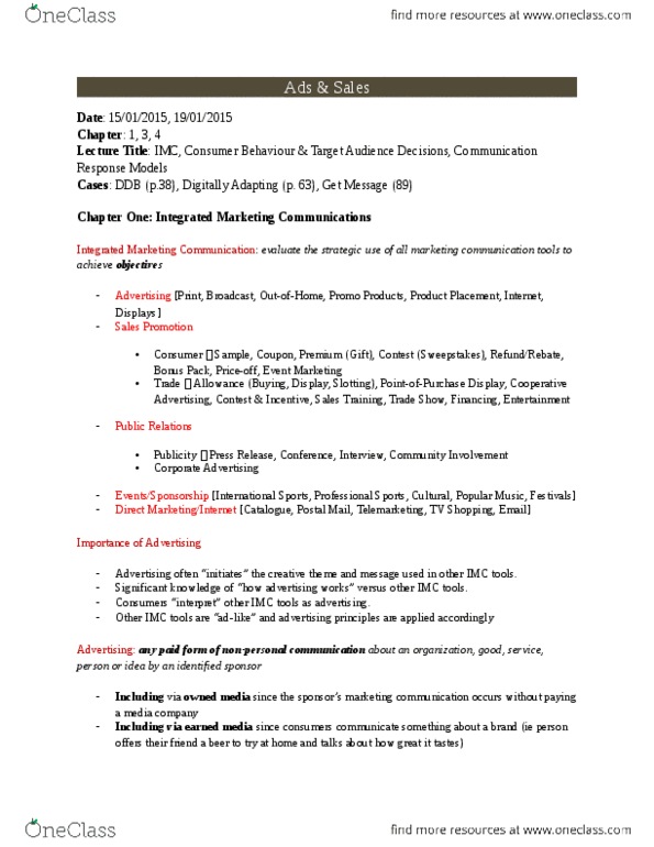 ADM 3326 Lecture Notes - Lecture 1: Integrated Marketing Communications, Sales Promotion, Brand Equity thumbnail