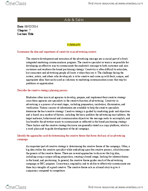 ADM 3326 Lecture Notes - Lecture 7: Unique Selling Proposition thumbnail