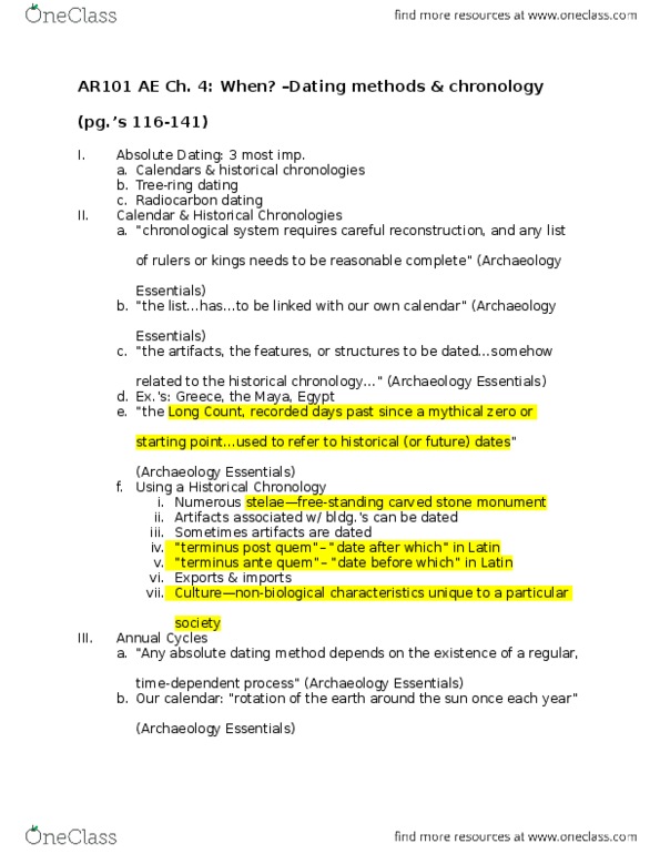 CAS AR 101 Chapter Notes - Chapter 4: Radiocarbon Dating, Absolute Dating, Dendrochronology thumbnail