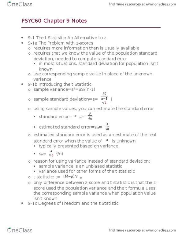 PSYC 60 Chapter Notes - Chapter 9: Variance, Null Hypothesis, Standard Deviation thumbnail