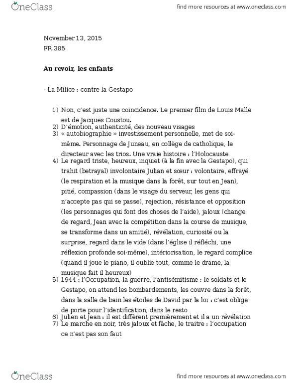 FR385 Lecture Notes - Lecture 5: Au Revoir Les Enfants, Gestapo, Louis Malle thumbnail