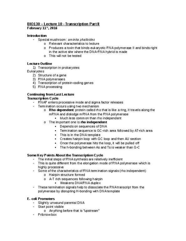 BIO130H1 Lecture Notes - Lecture 10: John Wiley & Sons, Rna Polymerase Ii, Transcription Factor Ii A thumbnail