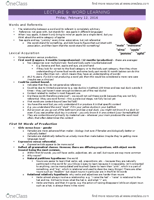 PSY 3136 Lecture Notes - Lecture 9: Fast Mapping, 18 Months, Joint Attention thumbnail