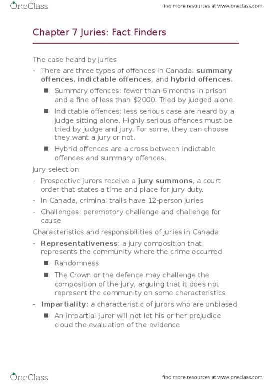 PSYC 3020 Lecture Notes - Lecture 6: Jury Nullification, Summary Offence, Peremptory Challenge thumbnail