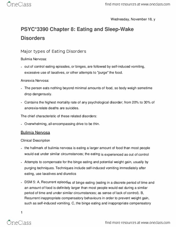 PSYC 3390 Lecture Notes - Lecture 12: Bulimia Nervosa, Lanugo, Amenorrhoea thumbnail