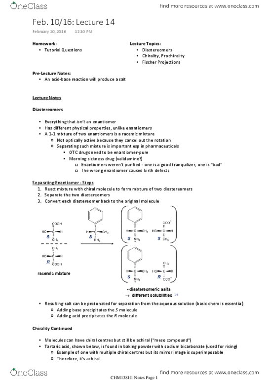 CHM136H1 Lecture Notes - Lecture 14: Tartaric Acid, Fischer Projection, Racemic Mixture thumbnail