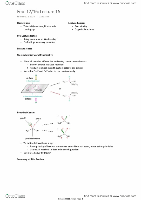 CHM136H1 Lecture Notes - Lecture 15: Prochirality, Organic Reactions, Electron Pair thumbnail