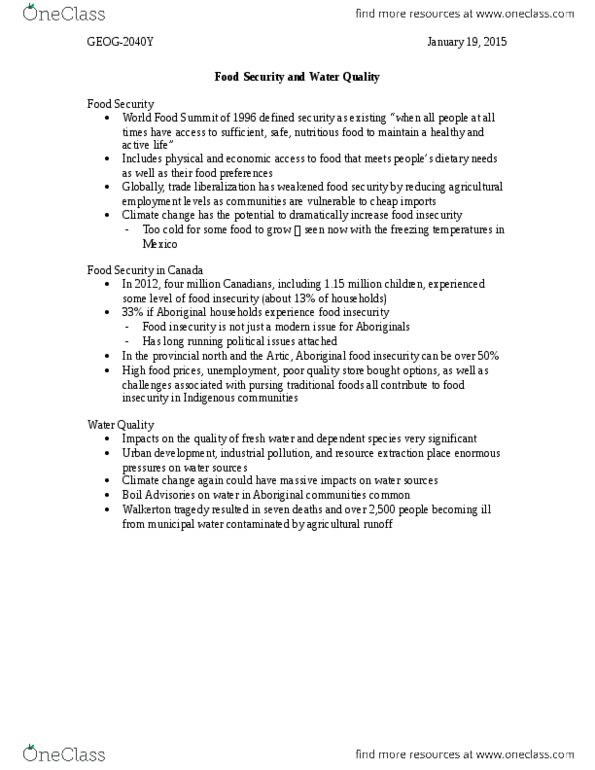 GEOG 2040Y Lecture Notes - Lecture 13: World Food Summit, Walkerton E. Coli Outbreak, Food Security thumbnail