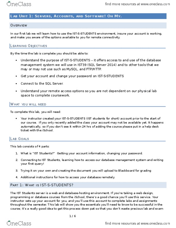 IST 359 Lecture Notes - Lecture 1: Sql Server Management Studio, Database, Remote Desktop Software thumbnail