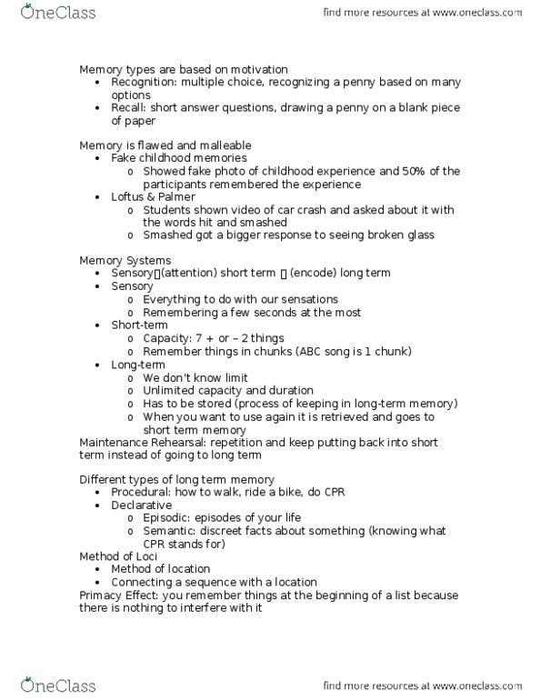 PSYC 100 Lecture Notes - Lecture 2: Long-Term Memory thumbnail