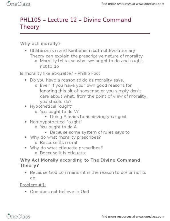 PHL105Y5 Lecture Notes - Lecture 12: Divine Command Theory, Nonperson, Kantianism thumbnail
