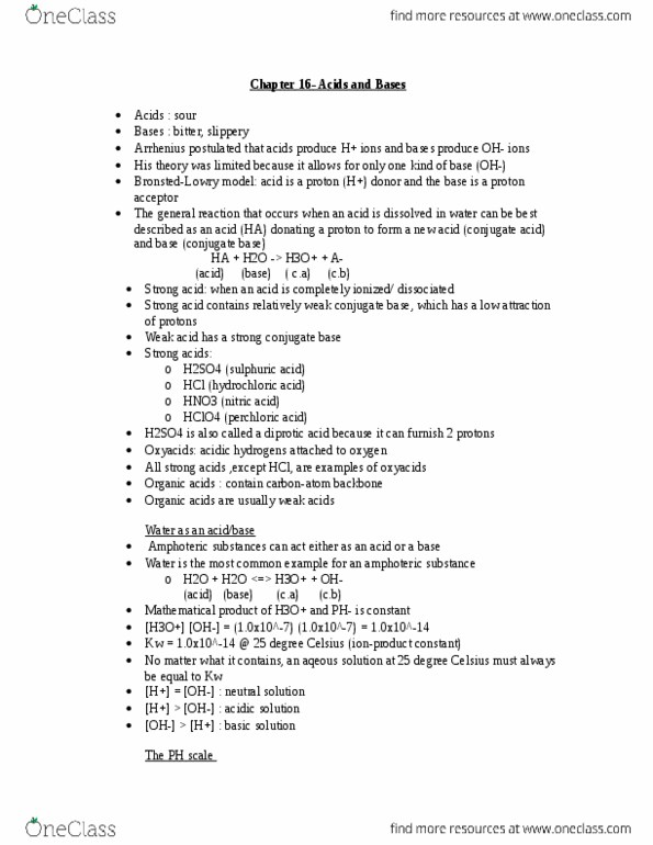 CHEM 29402 Chapter Notes - Chapter 16: Sulfuric Acid, Conjugate Acid, Acid Strength thumbnail