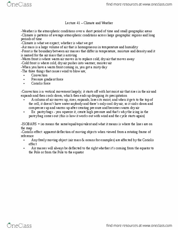 ENV100Y5 Lecture Notes - Lecture 41: Warm Front, Coriolis Force, Cold Front thumbnail