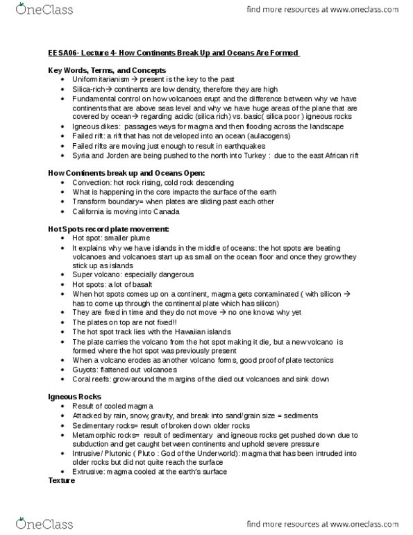 EESA06H3 Lecture Notes - Lecture 4: The Hot Spot, Rift Valley, Continental Crust thumbnail
