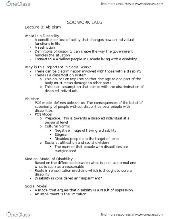 SOCWORK 1A06 Lecture Notes - Lecture 8: Ableism, Social Stratification, Physical Medicine And Rehabilitation thumbnail