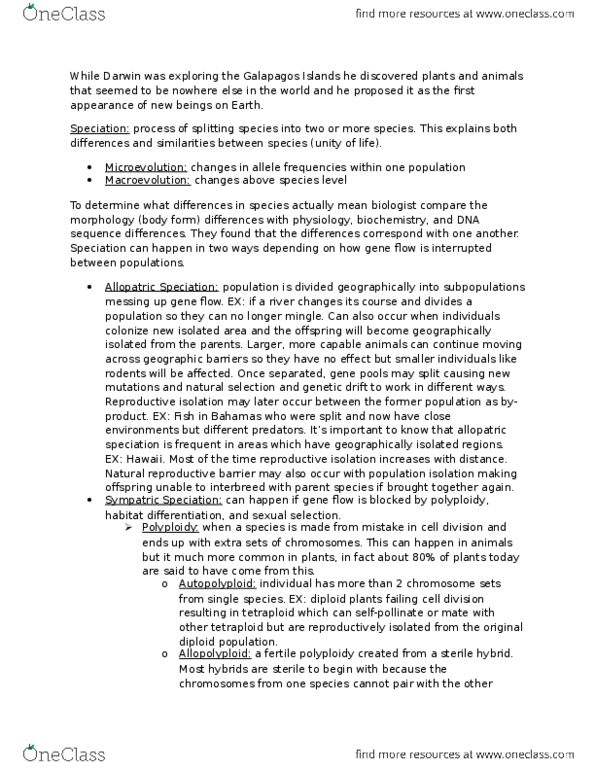 BIOL 1111 Chapter Notes - Chapter 24: Allopatric Speciation, Species Problem, Reproductive Isolation thumbnail