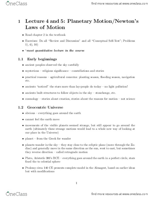 PHYS 1902 Lecture Notes - Lecture 4: Semi-Major And Semi-Minor Axes, Deferent And Epicycle, Geocentric Model thumbnail