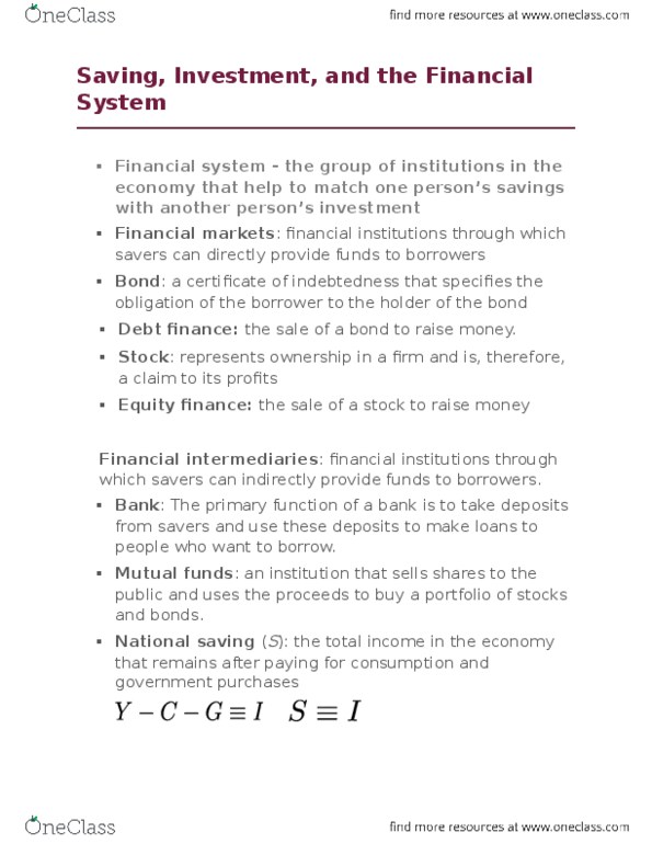 ECON 102 Lecture Notes - Lecture 13: Financial System, Government Debt, Loanable Funds thumbnail