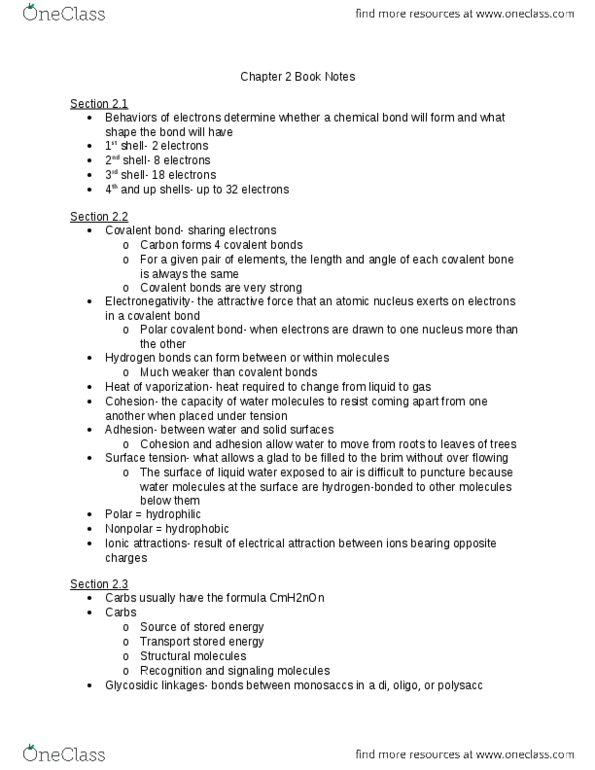 BSC 2010 Chapter Notes - Chapter 2: Covalent Bond, Surface Tension, Atomic Nucleus thumbnail