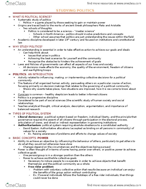 POL 100 Chapter Notes - Chapter 1: Free Rider Problem, David Easton, Positive Form thumbnail