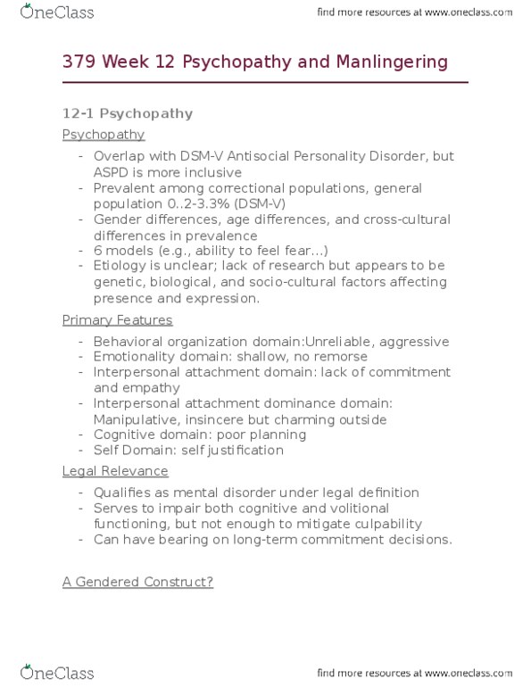 PSYC 379 Chapter Notes - Chapter 12: Psychopathy Checklist, Antisocial Personality Disorder, Borderline Personality Disorder thumbnail