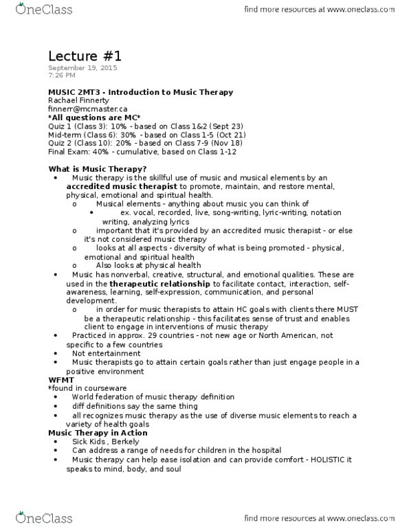 MUSIC 2MT3 Lecture Notes - Lecture 1: Music Therapy, Hospital Music, Therapeutic Relationship thumbnail