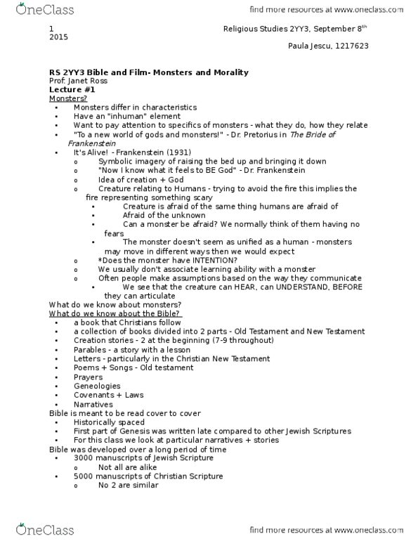 RELIGST 2YY3 Lecture Notes - Lecture 1: Tanakh, Janet Ross, Old Testament thumbnail