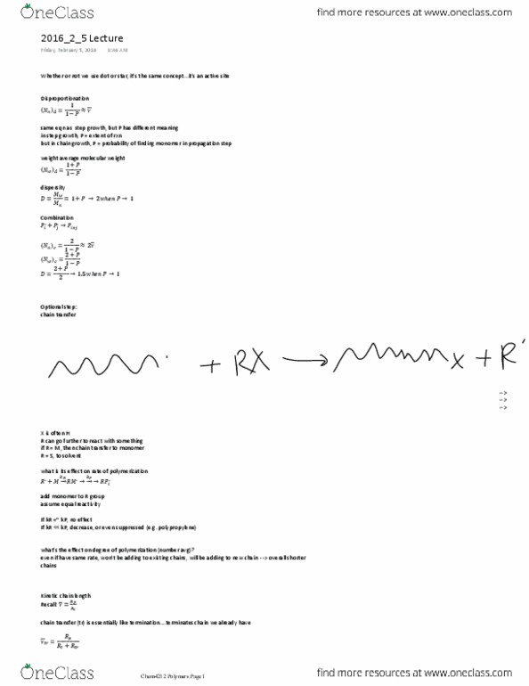 CHEM 4214 Lecture Notes - Lecture 8: Molar Mass Distribution, Chain Transfer, Polypropylene thumbnail