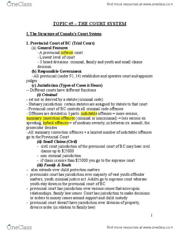 CRIM 135 Lecture Notes - Lecture 1: Inherent Jurisdiction, Indictable Offence, Provincial Superior thumbnail