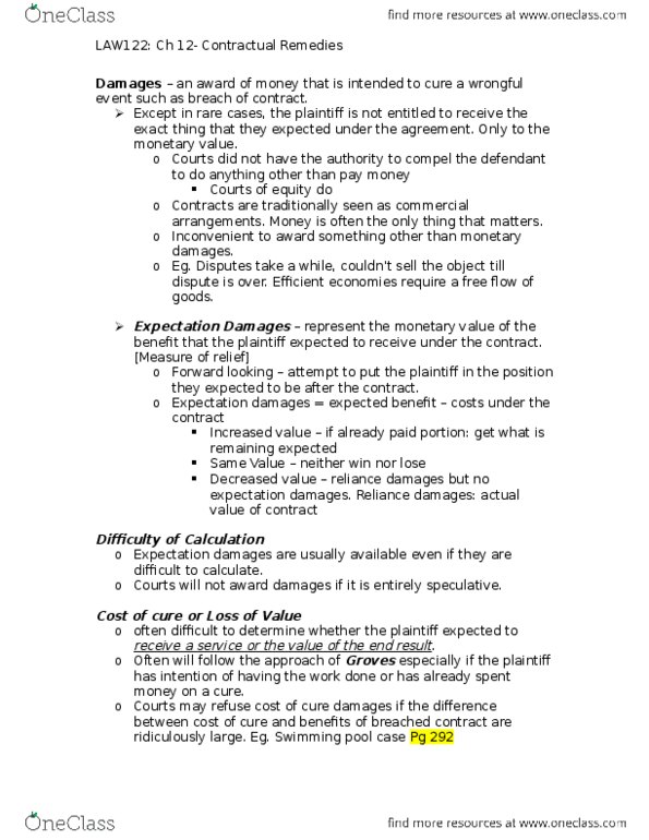 LAW 122 Lecture Notes - Lecture 12: Expectation Damages, Swimming Pool, Reasonable Person thumbnail