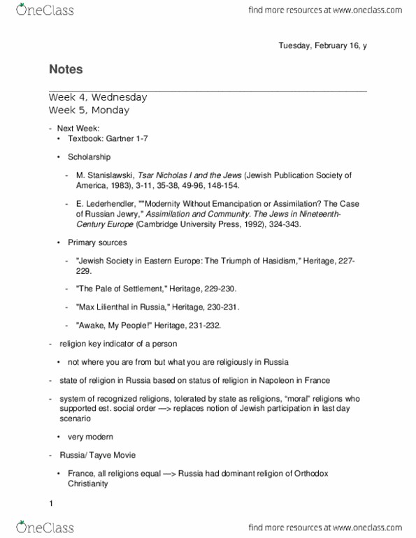 HIST 222 Lecture Notes - Lecture 8: Haskalah, Shabbat, Maimonides thumbnail