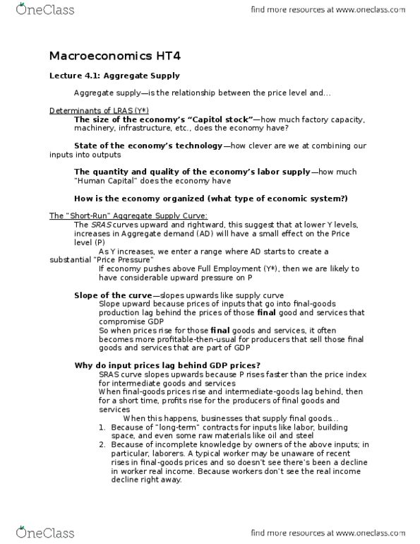 ECO 121 Lecture Notes - Lecture 4: Aggregate Supply, Aggregate Demand, Final Good thumbnail