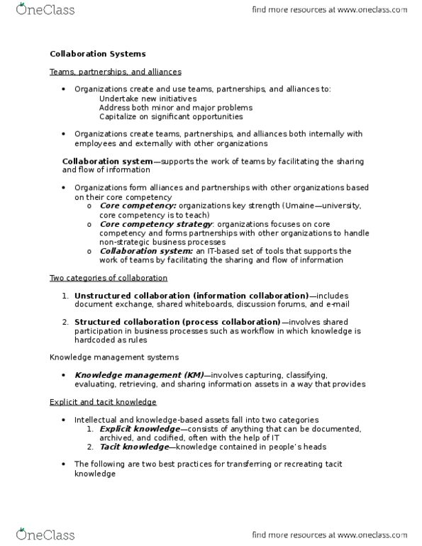 BUA 235 Lecture Notes - Lecture 9: Core Competency, Management System, Knowledge Management thumbnail