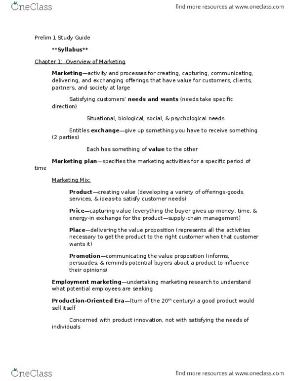 BUA 270 Lecture Notes - Lecture 1: Customer Relationship Management, Marketing Mix, Retail thumbnail