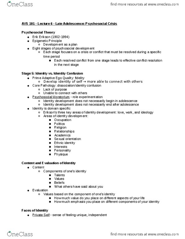 HDF 201 Lecture Notes - Lecture 6: Erik Erikson, Self-Awareness, Sexual Orientation thumbnail