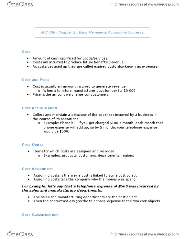 ACC 406 Lecture Notes - Lecture 2: Management Accounting, Indirect Costs, Fixed Cost thumbnail