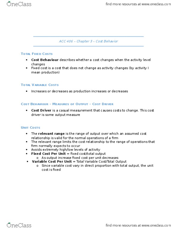 ACC 406 Lecture Notes - Lecture 3: Cost Driver, Fixed Cost, Variable Cost thumbnail