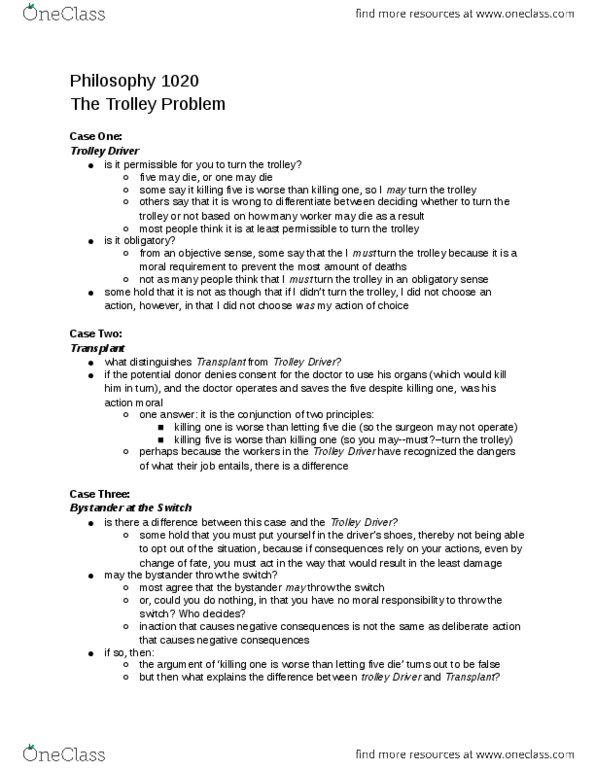 Philosophy 1020 Lecture Notes - Lecture 10: Trolley Problem thumbnail