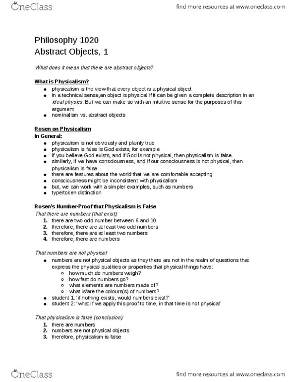 Philosophy 1020 Lecture Notes - Lecture 5: Nominalism, Physicalism thumbnail