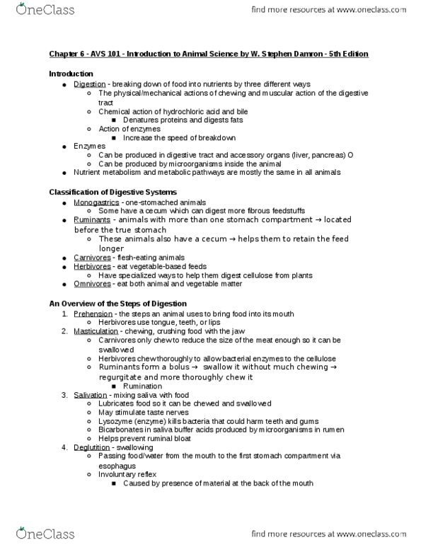 AVS 101 Chapter Notes - Chapter 6: Pancreatic Juice, Intestinal Gland, Gastric Acid thumbnail