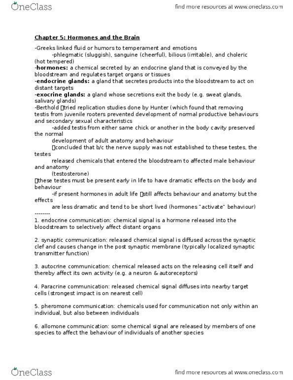 PSYC 280 Chapter Notes - Chapter 5, 12: Cyclic Guanosine Monophosphate, Pituitary Stalk, Thyroid thumbnail