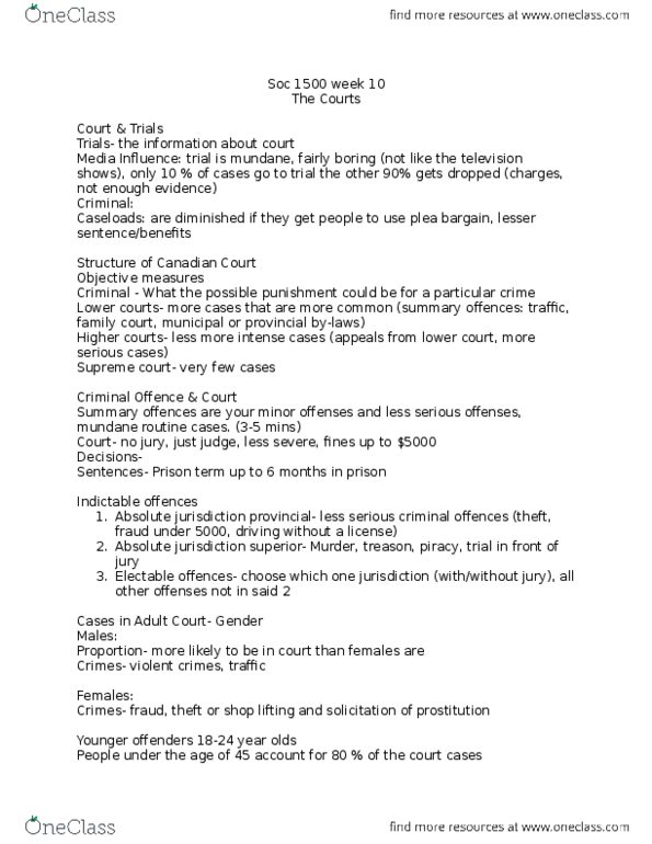 SOC 1500 Lecture Notes - Lecture 10: Summary Offence, Precondition, Crown Attorney thumbnail