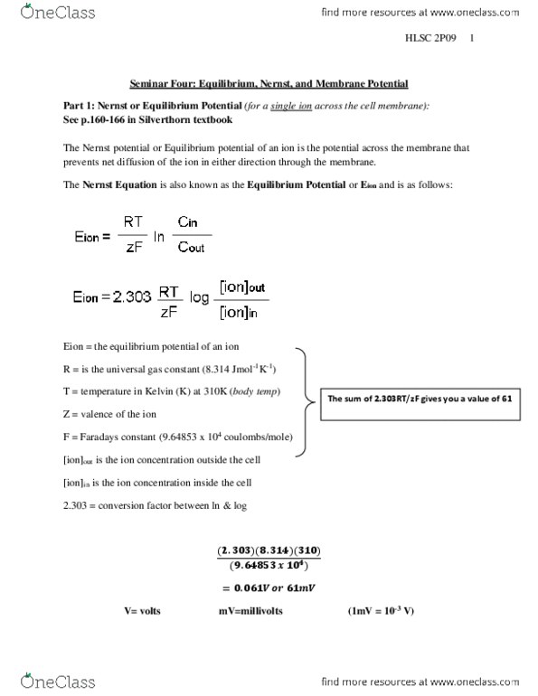 BIOL 2P98 Lecture Notes - Lecture 17: Nernst Equation, Reversal Potential, Gas Constant thumbnail