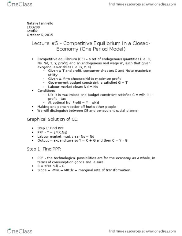 ECO209Y5 Lecture Notes - Lecture 5: Competitive Equilibrium, Budget Constraint, Farad thumbnail