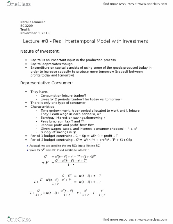 ECO209Y5 Lecture Notes - Lecture 8: Real Interest Rate, Real Wages, Budget Constraint thumbnail