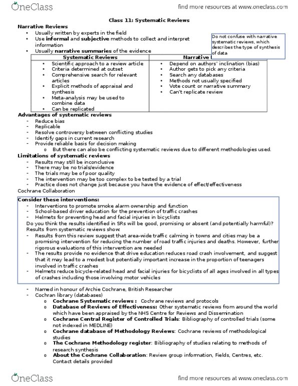 HSS 3101 Lecture Notes - Lecture 11: Archie Cochrane, Systematic Review, Grey Literature thumbnail