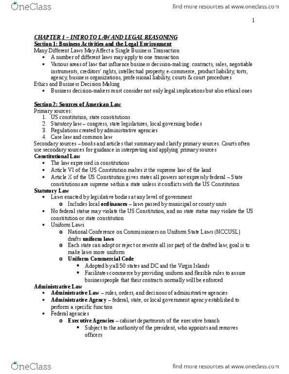 BUS 410 Chapter Notes - Chapter 1: Equitable Remedy, Precedent, Uniform Commercial Code thumbnail
